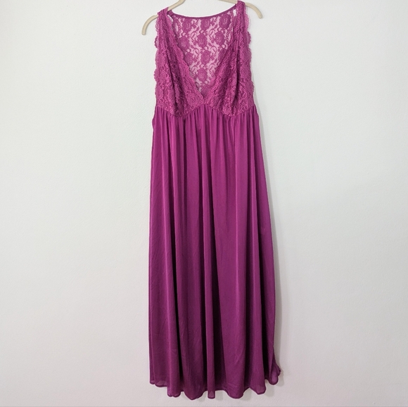 Vintage Lace Satin Maxi Length Slip Nightgown Slit Hem Sleeveless Magenta 1X - Picture 1 of 9